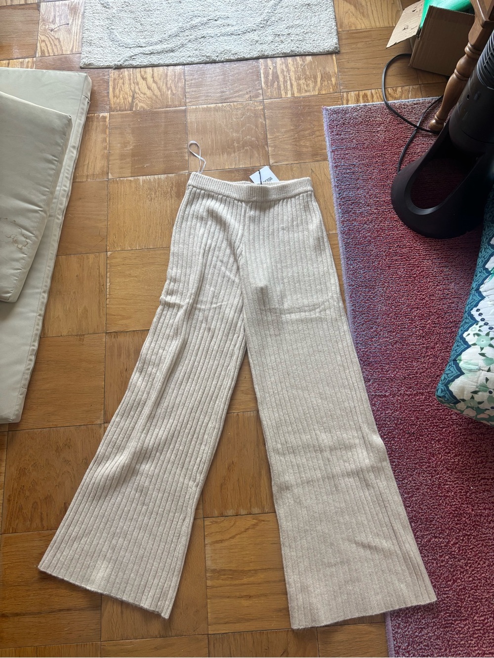 Princess Polly Ribbed Wide-Leg Knit Pants in Beige/Cream
